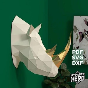 Testa di rinoceronte in carta, modello digitale, rinoceronte low poly, modello origami fai da te Pepakura, animale in carta 3D, decorazione da parete, carta poly 3d