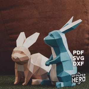 Création en papier 3D de deux lapins, lapin low poly, modèle numérique, papier poly 3D, PDF SVG, modèle origami pepakura, sculpture 3D animal DIY en papier