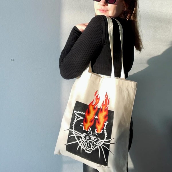 Handbemalter Jutebeutel Totebag, Katze Cat Feuer Wild Rock'n'Roll