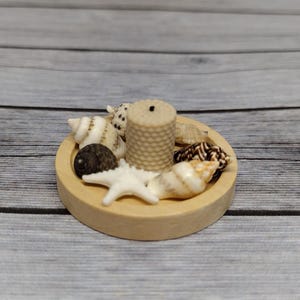 May include: A small, round wooden tray filled with seashells, a small candle, and a starfish. The tray is light brown, and the seashells are various colors and patterns. The candle is beige and cylindrical.