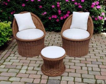 Hand Painted Dollhouse Patio Set, 1:12 Wicker Look Chairs & Table