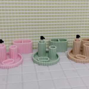 1:12 Dollhouse Bathroom Vanity Set, Toiletries Storage 5 Piece, Pink, Green, Beige