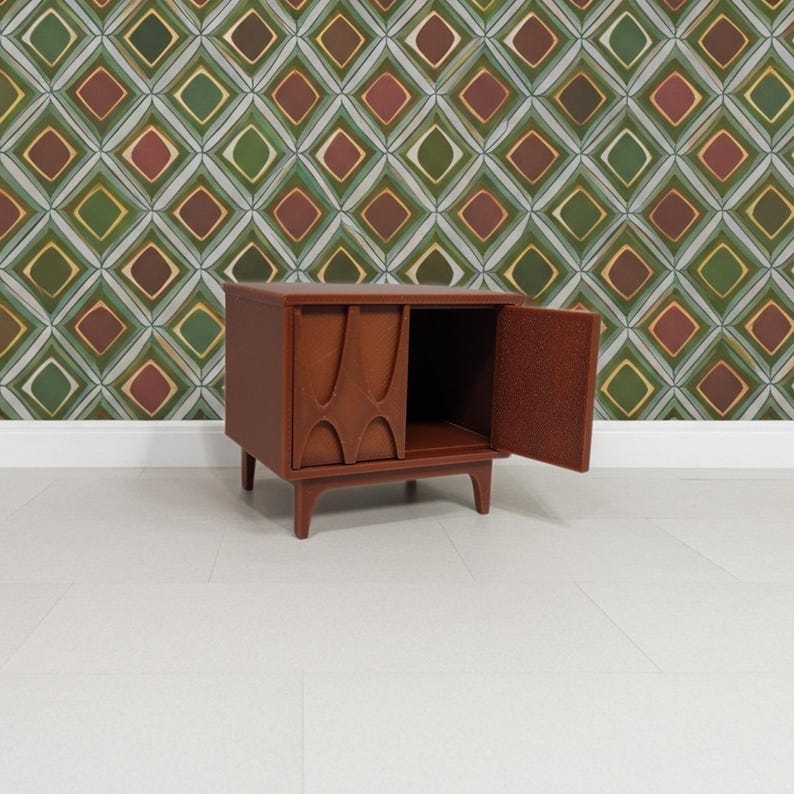Nightstand shown with one door opened. Inside is storage space.
