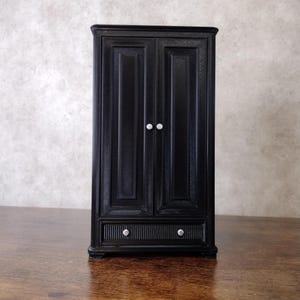 Dollhouse Wardrobe, 1:12 Scale Bedroom Furniture in Black with Hanging Rail & Drawer