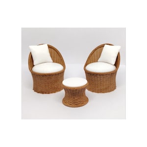 Hand Painted Miniature Patio Set, 1:12 Dollhouse Wicker Look Porch Chairs and Side Table