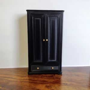 Dollhouse Wardrobe, 1:12 Scale Bedroom Furniture in Black with Hanging Rail & Drawer
