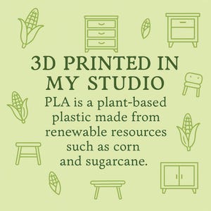 Graphic text reads: 3d printed in my studio. PLA is a plant based plastic made from renewable resources such as corn and sugarcane.