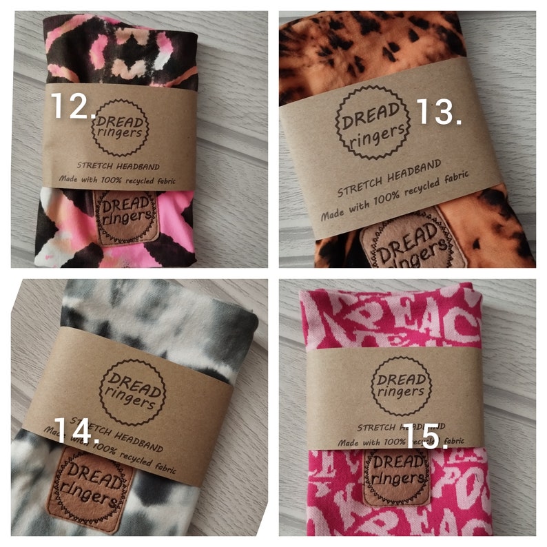 May include: Four different headband styles made from recycled fabric. Each headband has a brown label with the text "Dread ringers" and "Stretch Headband Made with 100% recycled fabric". The headbands are in various patterns, including tie-dye, leopard print, and a pink and white pattern with the word "Peace" repeated.