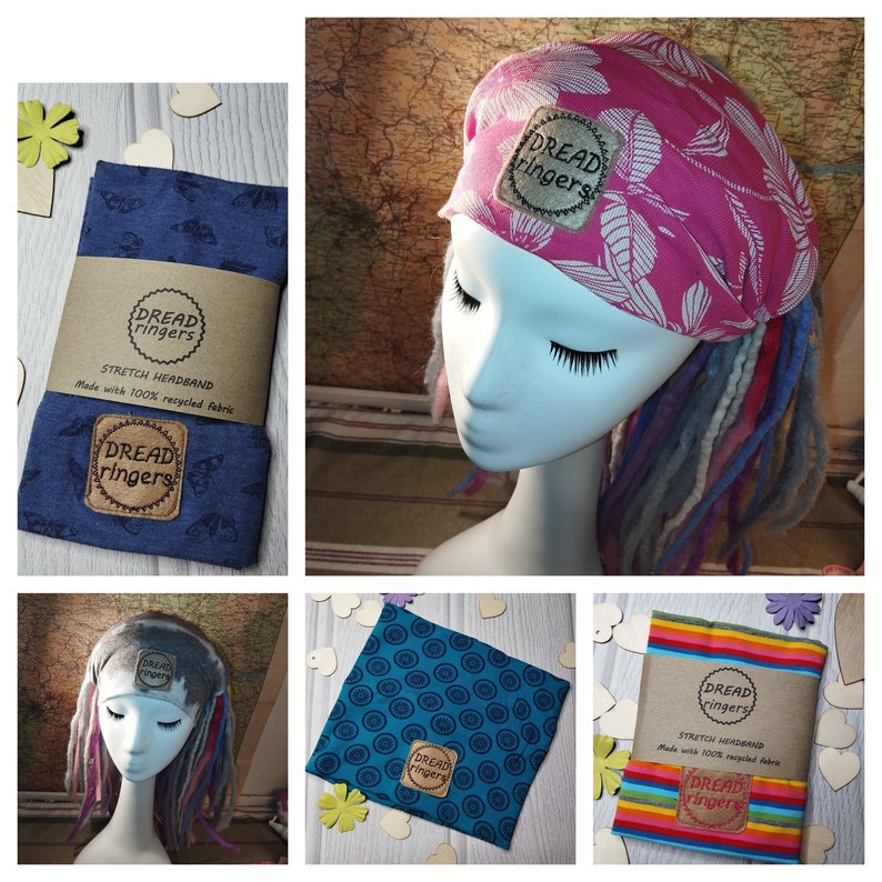 May include: A set of four colorful stretch headbands with a butterfly pattern. The headbands are made with 100% recycled fabric and feature a brown label with the text "Dread Ringers" printed on it.