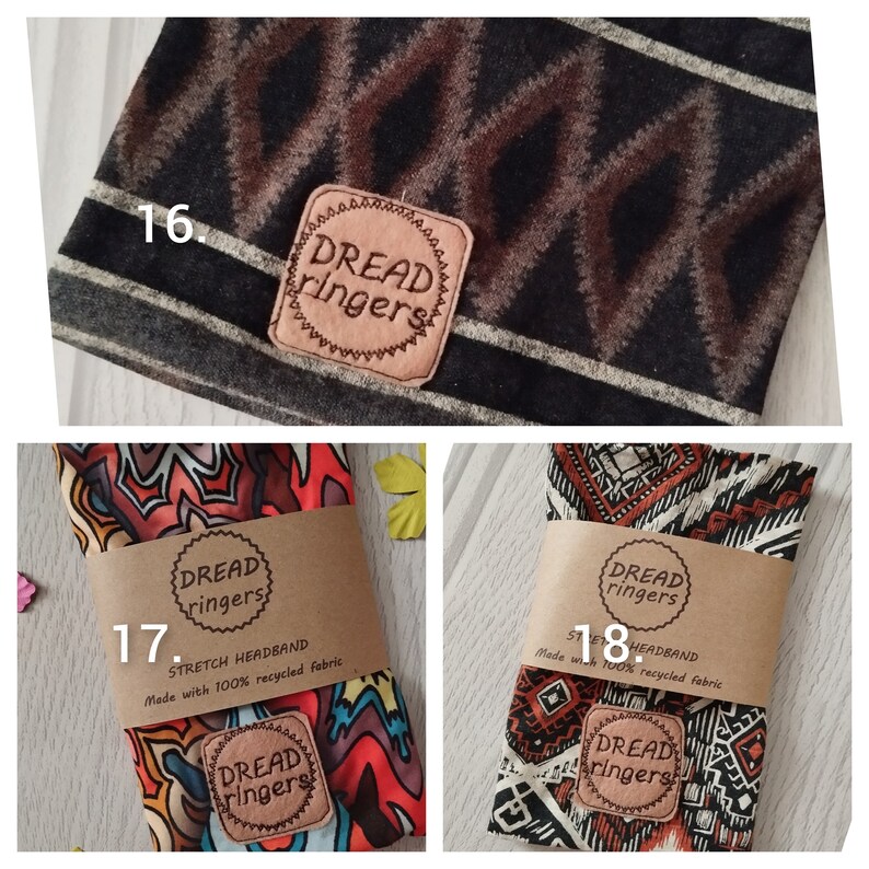 May include: Three different styles of headbands made from recycled fabric. Each headband features a brown leather patch with the text "DREAD ringers" in white. The headbands are in various colors and patterns, including black and brown stripes, red and orange with a floral design, and orange and black with a geometric design.