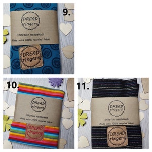 May include: Three different fabric headbands with the text "DREAD ringers" and "STRETCH HEADBAND Made with 100% recycled fabric". The headbands are in blue, rainbow, and black with silver glitter.