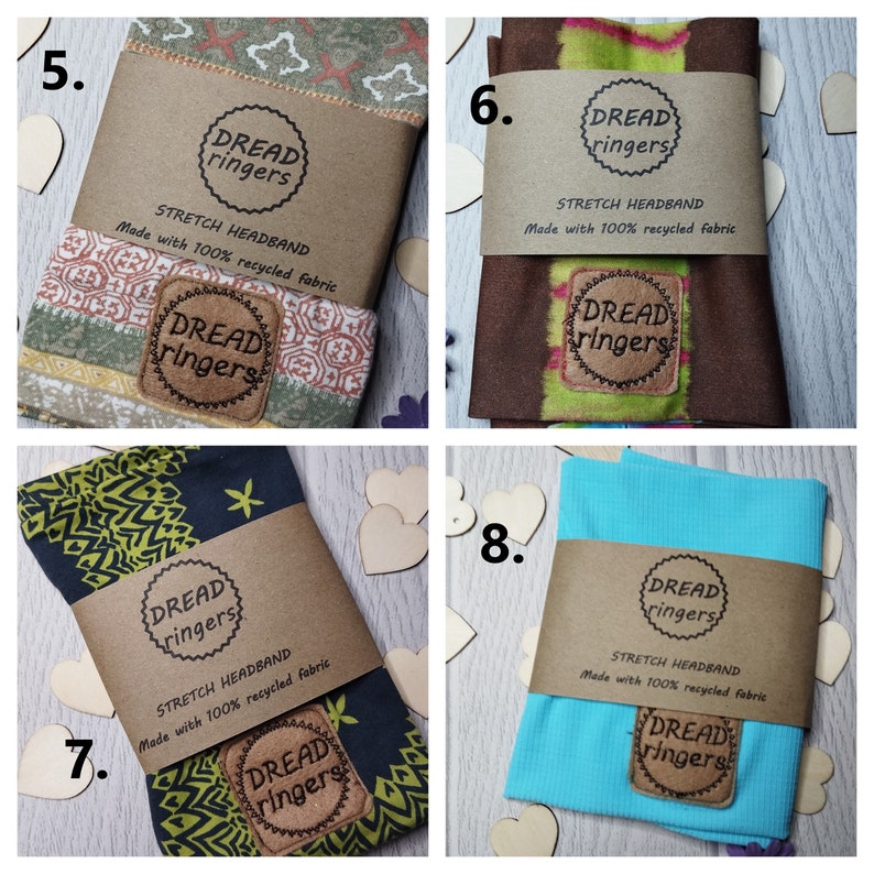 May include: Four brown paper-wrapped headbands with a green, yellow, and brown patterned fabric. Each headband has a brown label with the text "DREAD ringers" and "STRETCH HEADBAND Made with 100% recycled fabric".