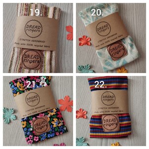 May include: Four different stretch headbands made with recycled fabric. Each headband has a different pattern: stripes, geometric, floral, and ribbed. The headbands are packaged with a brown paper label that says "Dread ringers" and "Stretch Headband" in a vintage font.