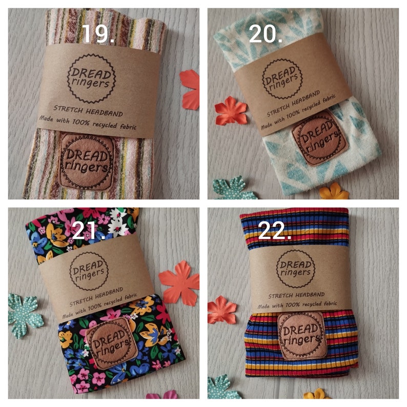 May include: Four different stretch headbands made with recycled fabric. Each headband has a different pattern: stripes, geometric, floral, and ribbed. The headbands are packaged with a brown paper label that says "Dread ringers" and "Stretch Headband" in a vintage font.