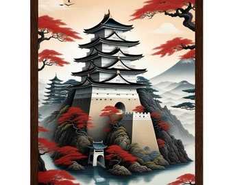 Premium mat papier houten ingelijste poster van Japans kasteel formaat: 30x40cm/12x16"