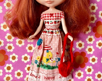 Easter Animals Red Gingham Off Shoulder Dress for Blythe Doll.