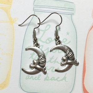 Rabbit on Moon Silver-plated Earrings, Rabbit Earring, Bunny Earrings, Cute Earrings, Moon Earrings, Birthday Gift, Bff Gift, Christmas Gift