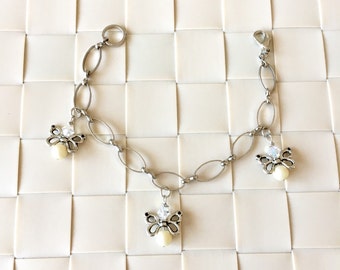 Butterfly Crystal Charms Bracelet, Spring Bracelet, Imitation Pearl Bracelet, BFF Gift, Valentine's Day Gift, Christmas Gift, Birthday Gift