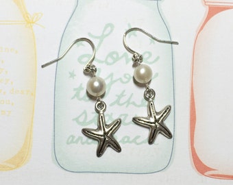 Sea Star Fresh Pearl Silver-plated Earrings, Star Fish Earrings, Beach Earrings, Beach Wedding Jewelry, Bridesmaid Earrings, Christmas Gift