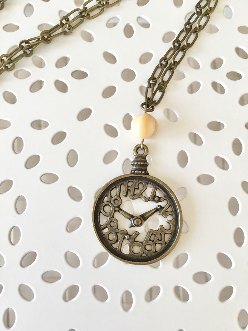 Clock Pendant Necklace, Antique Brass Necklace, Time Necklace, Clock