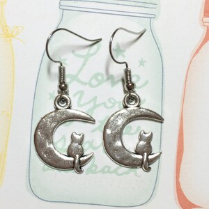 Cat on Moon Silver-plated Earrings, Cat Earring, Kitten Earrings, Cute Earrings, Moon Earrings, Cat Lover, Birthday Gift, Christmas Gift