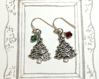 Christmas Tree Red and Green Swarovski Crystal Earrings, Christmas Tree Earrings, Christmas Earrings, Christmas Jewelry, Christmas Gift