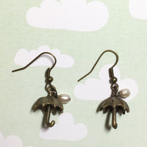 Spring Rain Antique Brass Earrings, Fresh Water Pearl Earrings, Umbrella Earrings, Rain Earrings, Rain Lover Earrings,  Christmas Gift