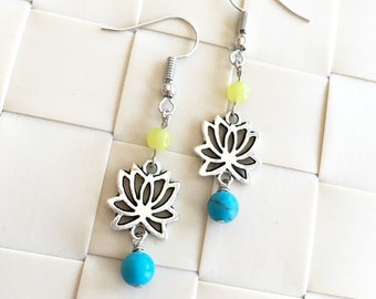 Oriental Lotus Silver-plated Earrings, Cheerful Colors Earrings, Semi Precious Stones Earrings, Flower Earrings, X'mas Gift, Gift for her