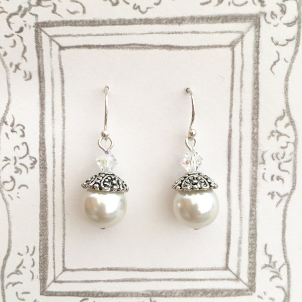 Attractive White Imitation Pearl Earrings, Swarovski Crystal Silver-plated Earrings, Big Pearl Earrings, Pearl Earrings, Christmas Gift