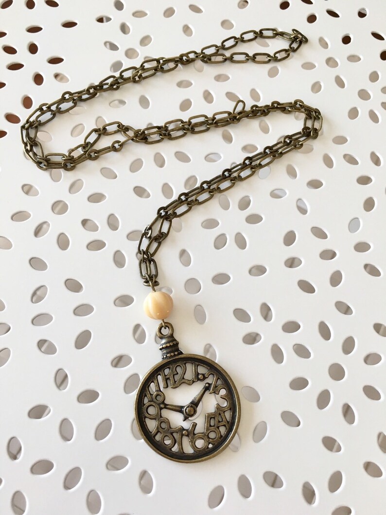 Clock Pendant Necklace, Antique Brass Necklace, Time Necklace, Clock