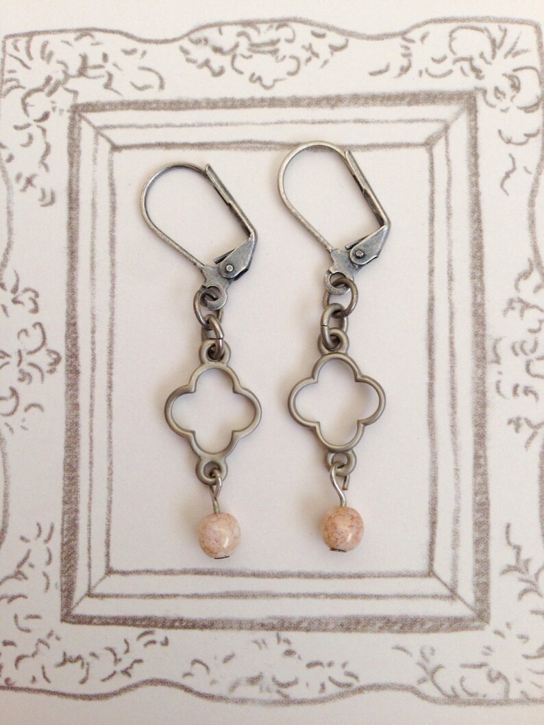 Elegant Clover Antique Silver Earrings Pink Gemstone, Lucky Charms Earrings, Everyday Earrings, BFF Gift, Gift for mom, Christmas Gift image 1