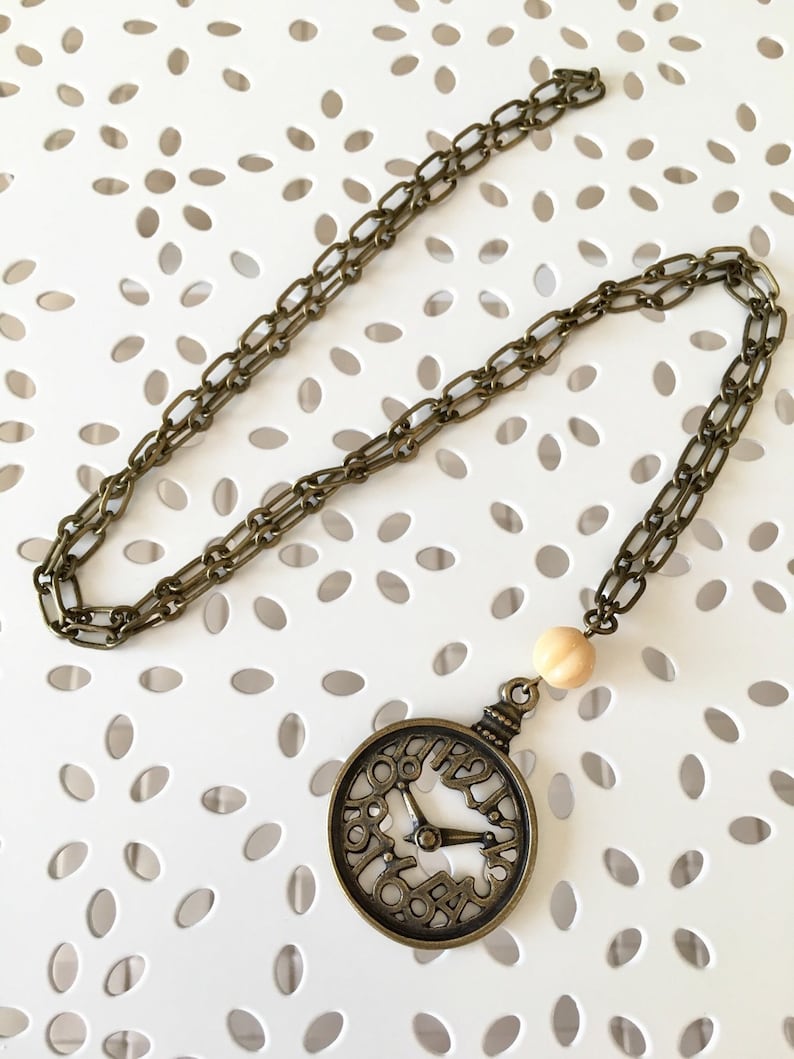 Clock Pendant Necklace, Antique Brass Necklace, Time Necklace, Clock