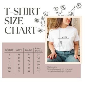 May include: A white t-shirt size chart with measurements in centimeters. The chart includes sizes S to 3XL, with corresponding measurements for width, length, and sleeve length. The image also shows a person wearing a white t-shirt.