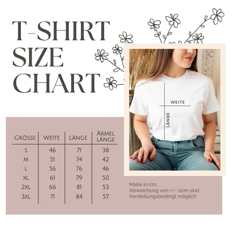 May include: A white t-shirt size chart with measurements in centimeters. The chart includes sizes S to 3XL, with corresponding measurements for width, length, and sleeve length. The image also shows a person wearing a white t-shirt.