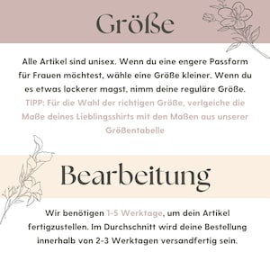 May include: A graphic with the German words "Gr&ouml;&szlig;e" and "Bearbeitung" in a serif font. Text below explains sizing and processing times for orders. Floral illustrations are in the corners.