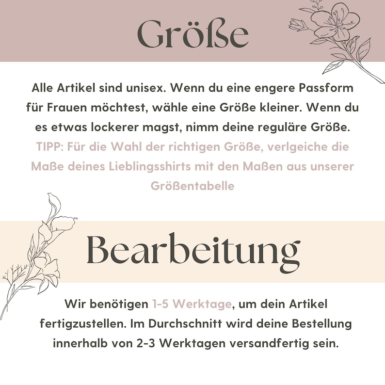May include: A graphic with the German words "Gr&ouml;&szlig;e" and "Bearbeitung" in a serif font. Text below explains sizing and processing times for orders. Floral illustrations are in the corners.