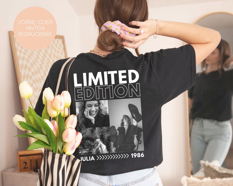 May include: Black t-shirt with the words "LIMITED EDITION" in white block letters. Below the text are three black and white photos. The name "JULIA" and the year "1986" are printed below the photos.