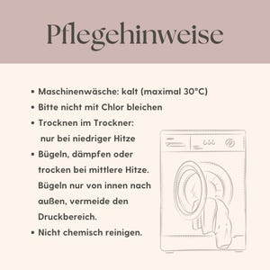 May include: A beige graphic with the German text "Pflegehinweise" at the top, followed by bullet points detailing washing instructions. A line drawing of a washing machine is on the right side of the image.