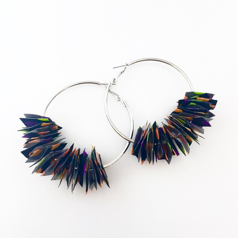 Fun unique Australia Recycled fabric Hoop earrings Confetti party Textile handmade jewellery Black fluro bright Fabric confetti