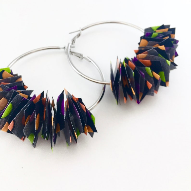 Fun unique Australia Recycled fabric Hoop earrings Confetti party Textile handmade jewellery Black fluro bright Fabric confetti
