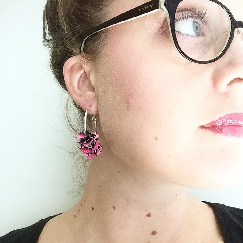 Fun unique Australia Recycled fabric Hoop earrings Confetti party Textile handmade jewellery Black fluro bright Fabric confetti