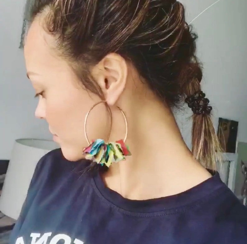 Fun unique Australia Recycled fabric Hoop earrings Confetti party Textile handmade jewellery Black fluro bright Fabric confetti