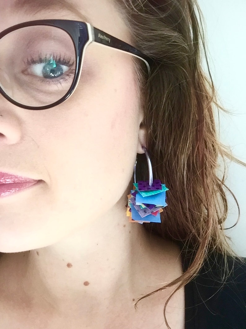Fun unique Australia Recycled fabric Hoop earrings Confetti party Textile handmade jewellery Black fluro bright Fabric confetti