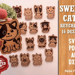 Paquete de llaveros para niños con personajes de dibujos animados de Sweet Cat Set 16 diseños increíbles Plantillas de archivos cortados con láser Archivos Glowforge, dibujos animados de grabado en SVG