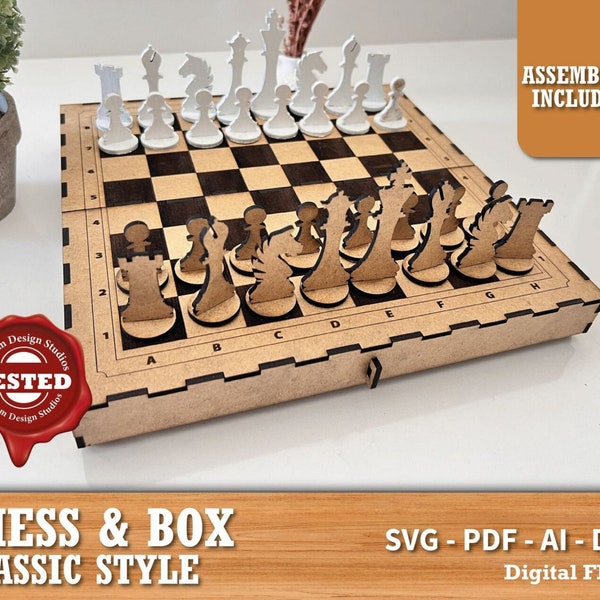 Chess laser cut chess game pieces Laser cut files v2 Wooden with Box Laser cut cnc vector template Laser cnc pattern chess pieces pattern,