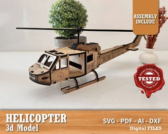 Hubschrauber 3D-Modell Puzzle Laser CutSvg Dxf Vektor Einfach zum Schneiden,Svg-Datei für Cnc-Fräser Glowforge Circut, Holzpuzzle, Spielzeugspiel, digital