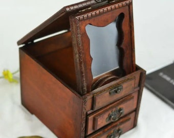 Vintage Elegance: Handcrafted Wooden Jewelry Dressing Box with Mirror. Distressed Charm for Stylish Storage. Elevate Your Decor!