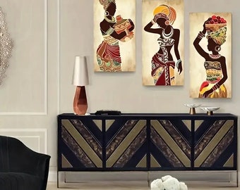 3pcs Golden African Black Woman Canvas Painting, Ethnic Posters And Prints Wall Art, Vintage Posters For Living Room Decoration, Home Decor