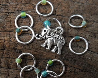 Small Snag Free Knitting Stitch Markers Silver Tone Elephant Charm Shades of Green Seed Beads Fits Needles Up To 4.5mm