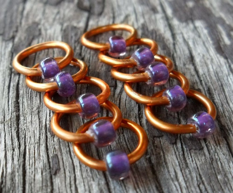 Dangle Free Knitting Stitch Markers Purple Rosaline Copper Wire Choose Ring Size and Quantity image 4